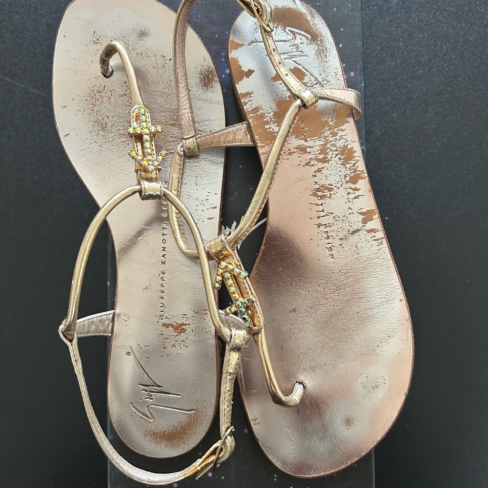 Giuseppe Zanotti Gold T-Strap Sandals with Slingback